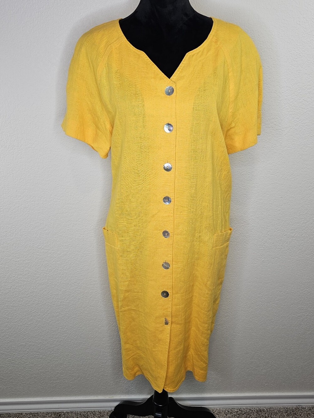 John Roberts Vintage 100% Linen Yellow Button Midi Dress 12